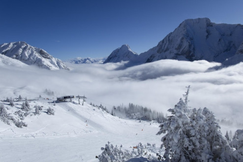 Skigebiet Ehrwalder Alm, Wetterstein Gebirge, Tirol, Österreich.